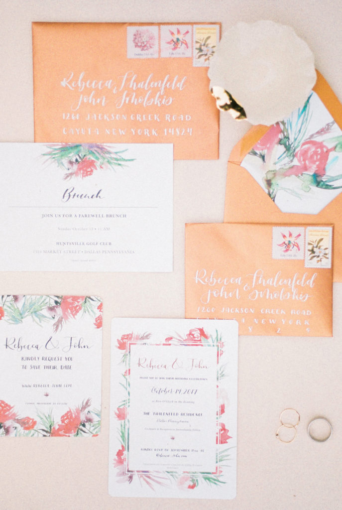 Invitation suite, flat lay invitation suite, photographed by New Jersey fine art hybrid photographer, Michelle Behre Photography, private estate fall wedding in at Lake Louise, Dallas, Pennsylvania.