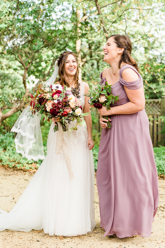 bride and bridesmaid portraits, photographed by New Jersey fine art hybrid photographer, Michelle Behre Photography, private fall wedding at Water Witch Club, Falco's Catering, Highlands, New Jersey.