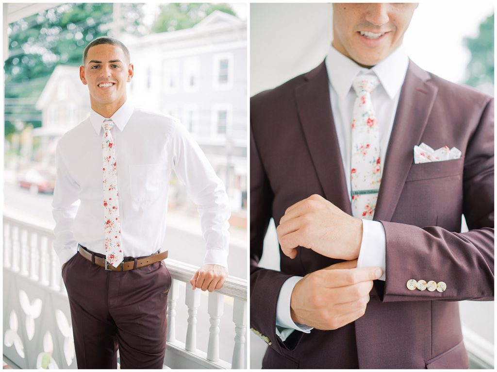 Groom dressed in Indochino custom Tux at the Crossed Keys Inn, in Andover, New Jersey, by NJ wedding photographers Michelle Behre Photography.