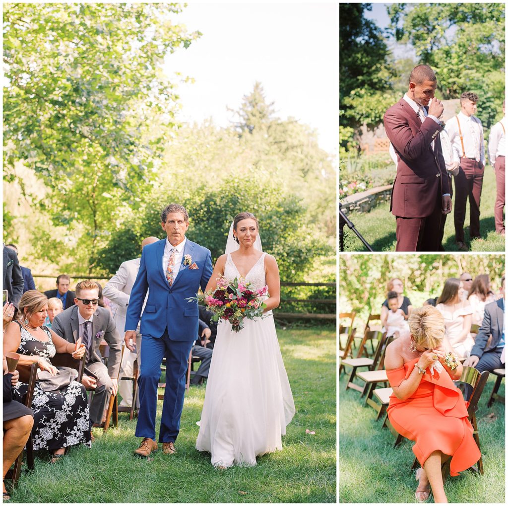 Emotive moments as the bride walks down the aisle at this summer, garden ceremony at this Crossed Keys Estate wedding photographed by New Jersey Wedding Photographer, Michelle Behre Photography.