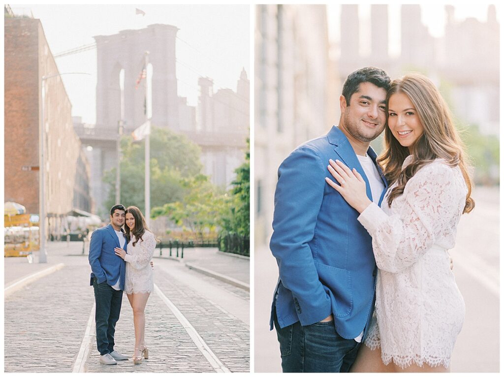 DUMBO Engagement Photos captured at the Manhattan Bridge, Brooklyn Bridge, and Time Out Market overlooking the Hudson. (Photos by New York Wedding Photographer, Michelle Behre).
