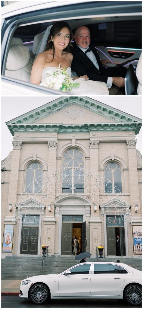 Bride arrives to Catholic wedding ceremony at St. Anne Roman Catholic Church in Hoboken New Jersey