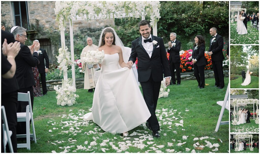 bride and groom recess down the aisle at the crossed keys estate captured by nj wedding photographers Michelle Behre Photography