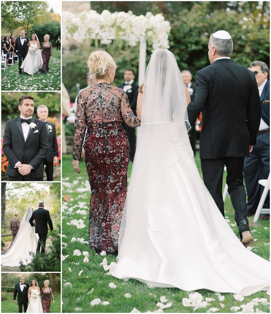 bride walks to the chuppah to the groom in the garden at the crossed keys estate captured by michelle behre photography 