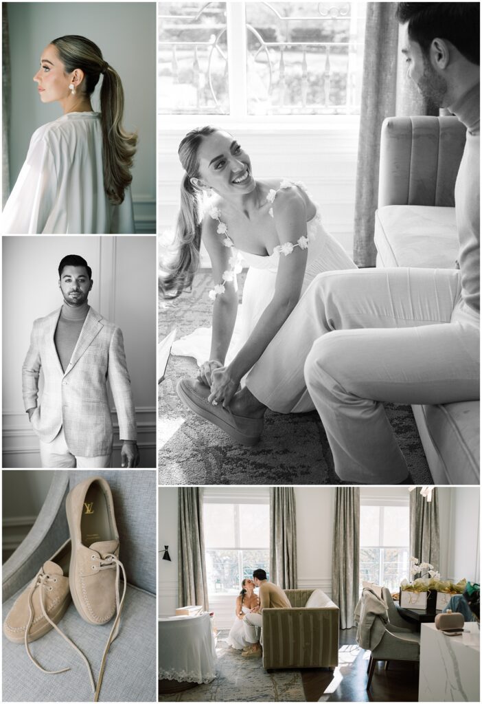 Candid getting ready portraits of Alexandra and Tyler getting ready together at Chateau Grande, captured in a natural editorial photography style.